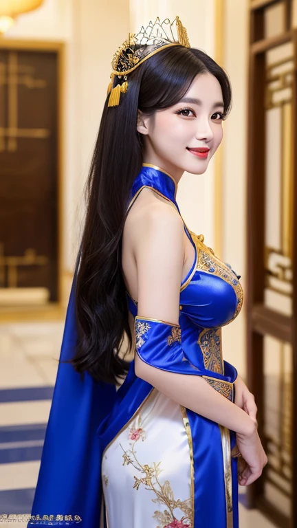 (((Chinese Beauty)))、((Angle of view from the side))、(Look back here)、21 years old、(Very heavy makeup:1.3)、(Slanted Eyes:1.4)、(long narrow eyes:1.4)、Shiny Hair、Glowing Skin、Very white skin、Jet Black Hair、Straight long hairstyle、Waist-length hair、Big eyes、Double eyelids、Luxury Chinese palace、(Standing in the palace corridor)、(Golden luxurious hair ornament)、(((Patterned costume of a Chinese queen)))、Luxurious and gorgeous、(huge breast:1.3)、(Exposed Skin:1.4)、(Smile with your mouth closed)、Transparent white cloth、(((Royal Blue Costume)))