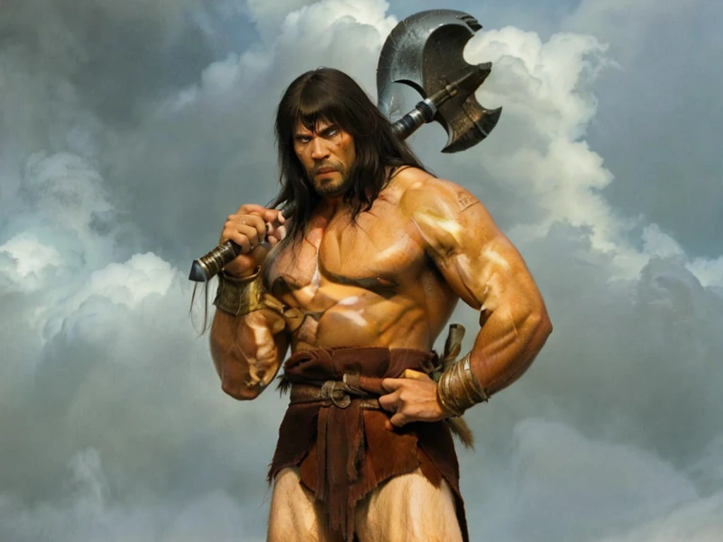 extremely realistic image of conan the barbarian, with square chin and straight hair