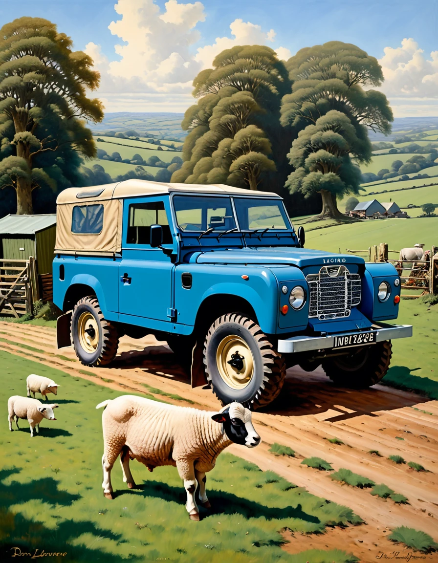 The Middle-aged British Farmer, at his mutton farm, counting his muttons on his 1948 Blue Land Rover Defender Serie I, serene and tranquil British farm background, oil on canvas painting with heavy influence from Don Lawrence