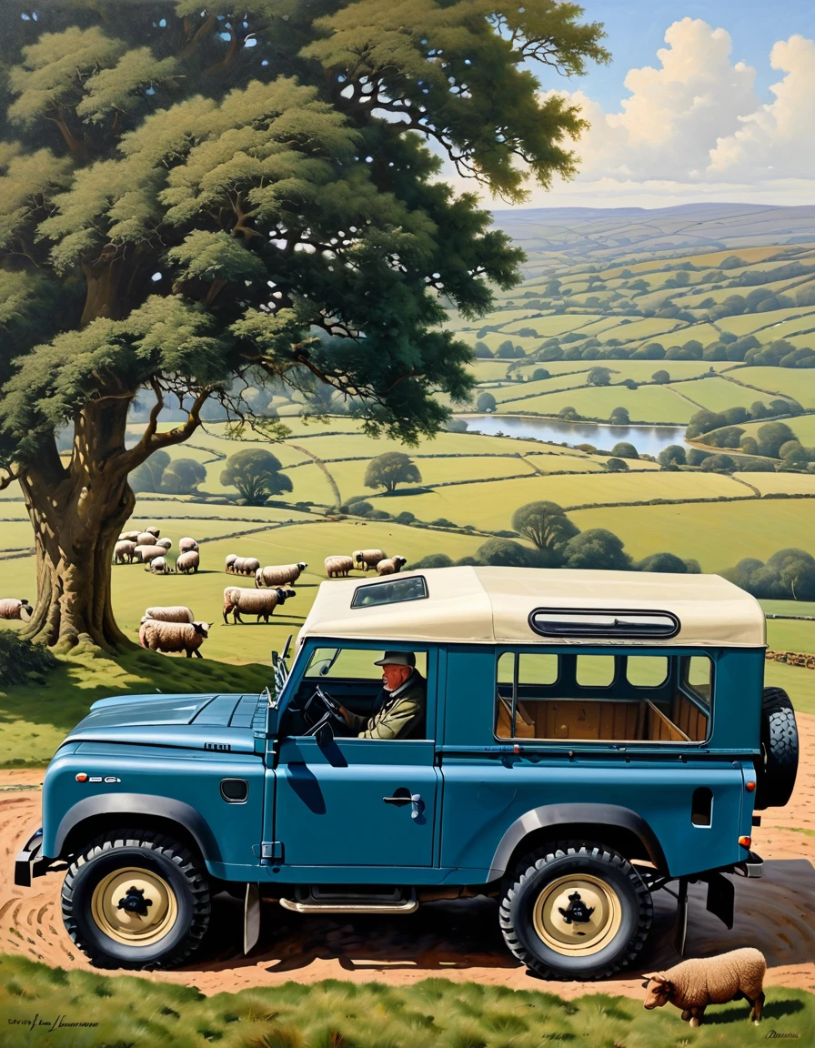 The Middle-aged British Farmer, at his mutton farm, counting his muttons on his 1948 Blue Land Rover Defender Serie I, serene and tranquil British farm background, oil on canvas painting with heavy influence from Don Lawrence