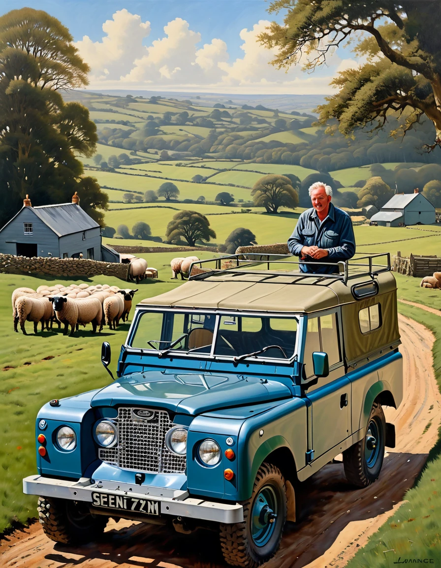 The Middle-aged British Farmer, at his mutton farm, counting his muttons on his 1948 Blue Land Rover Defender Serie I, serene and tranquil British farm background, oil on canvas painting with heavy influence from Don Lawrence