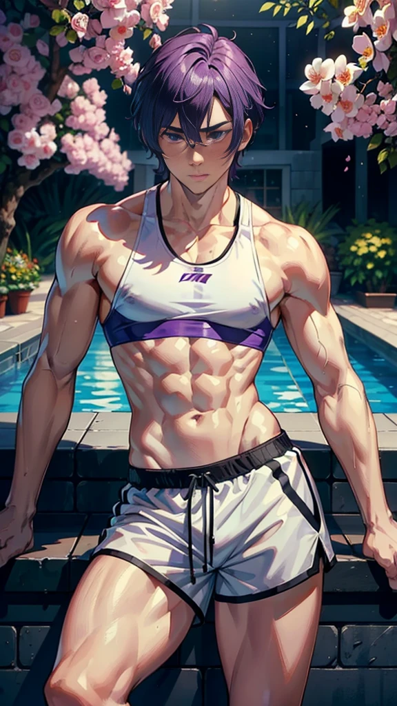 Young sportsman of purple hair, muscular of meter ninety wearing a white shorts, a sleeveless shirt to the navel of black color with doing a double flexion of biceps in front of a pool surrounded by roses and orchids 