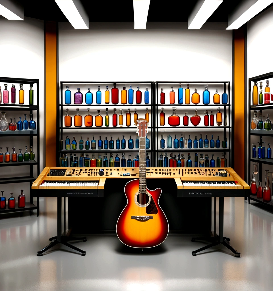 Masterpiece; Guitars and drums in a small science lab(((several science bottles around the room))); (guitars and musical keyboards inside science bottles) World map on the wall. sciencie complete with speakers and glass flasks of chemistry, embody the resilience and tenacity of the scientific community, infused with a bold graphic allure that enlivens the spirit of science. The design penetrates layers of depth, integrating the raw essence and vibrant cores of Rio de Janeiro culture. Brushstrokes that incorporate the fluid energy of graffiti on guitars and acoustic guitars weave around dynamic geometric shapes, adorning the laboratories with an evocative masterpiece that speaks to the heart of the intersection between two diverse worlds. Majestically rendered in high definition and vibrant color, every detail bursts with life, inviting viewers to marvel at the beauty that; by Monet