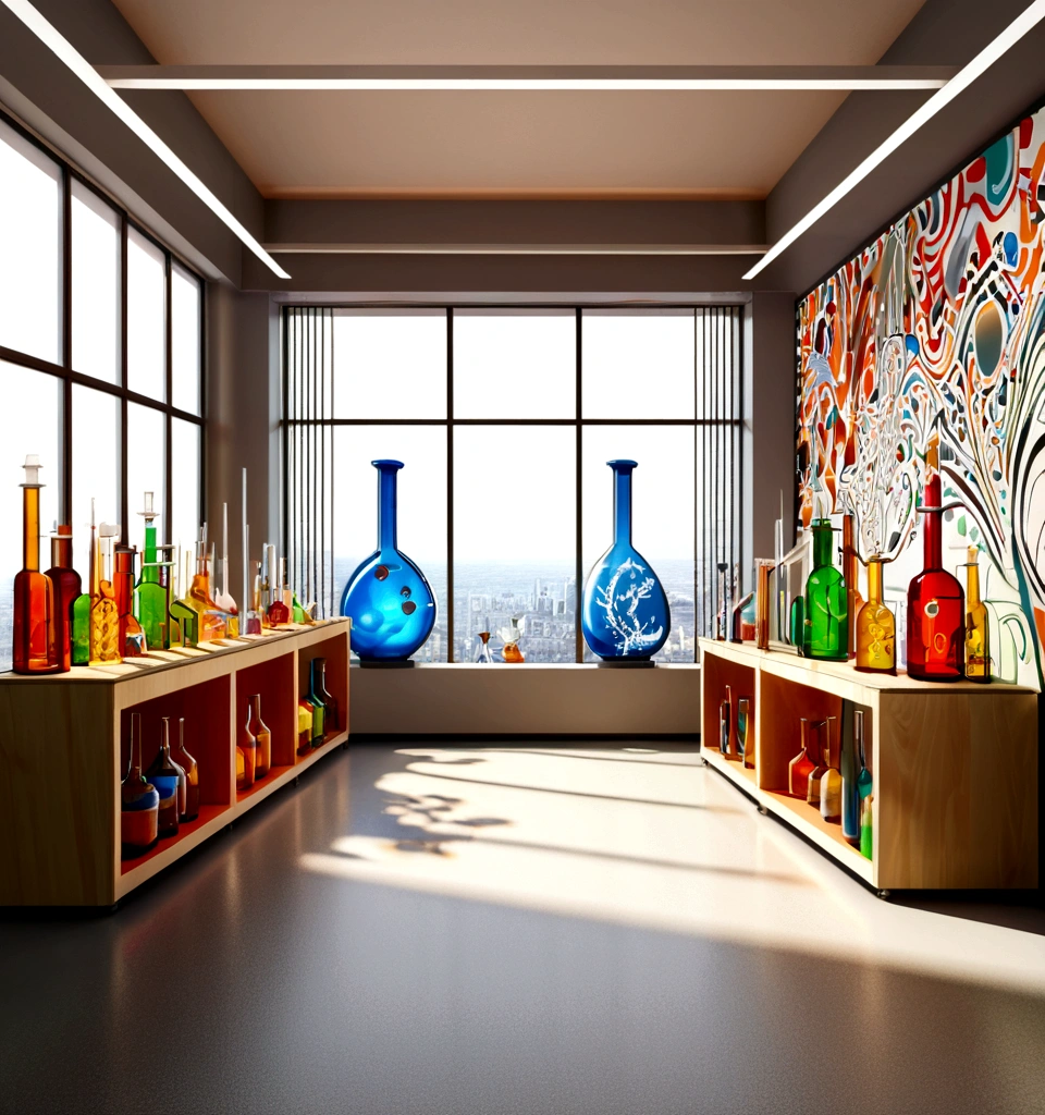Masterpiece; Guitars and drums in a small science lab(((several science bottles around the room))); (guitars and musical keyboards inside science bottles) World map on the wall. sciencie complete with speakers and glass flasks of chemistry, embody the resilience and tenacity of the scientific community, infused with a bold graphic allure that enlivens the spirit of science. The design penetrates layers of depth, integrating the raw essence and vibrant cores of Rio de Janeiro culture. Brushstrokes that incorporate the fluid energy of graffiti on guitars and acoustic guitars weave around dynamic geometric shapes, adorning the laboratories with an evocative masterpiece that speaks to the heart of the intersection between two diverse worlds. Majestically rendered in high definition and vibrant color, every detail bursts with life, inviting viewers to marvel at the beauty that; by Monet