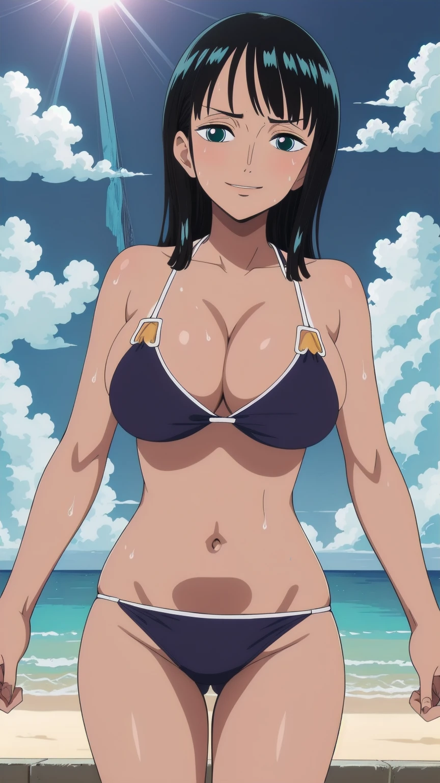 Highest quality,wonderful,In detail.Depth of written boundary,Beautiful attention to detail, Nico Robin, One Girl,Cowboy Shot,Mature Woman, Smiling, looking at the viewer, blue theme, blue background, cloudy sky, sunlight, sweat, orgasmic, bikini swimsuit, large breasts, cleavage, belly button exposed, collarbone, thighs, sea and beach,