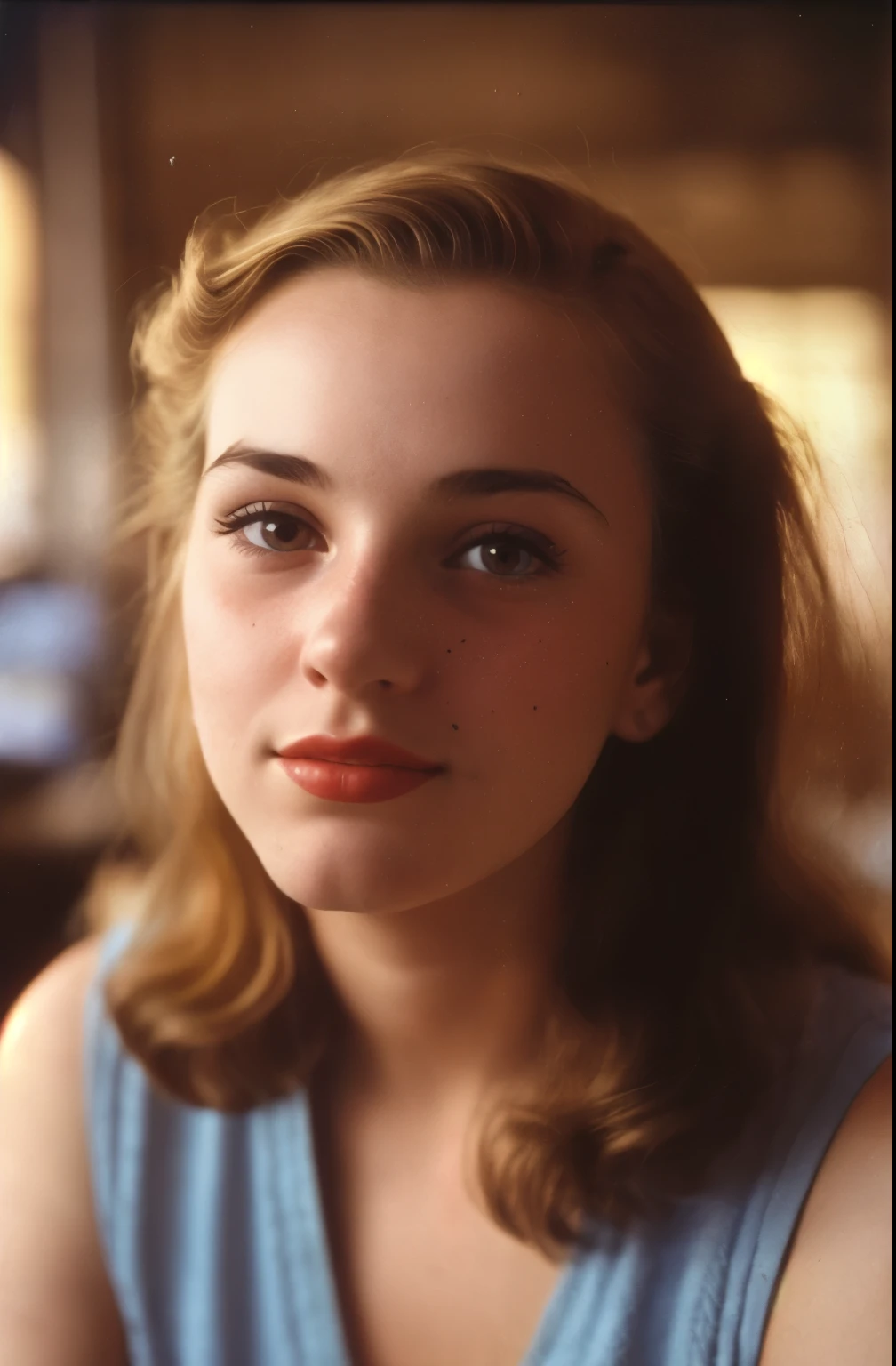 (close-up, editorial photograph of a 20 yo woman from the 1940's), (highly detailed face:1.4) (smile:0.7) (background inside dqrk street, moody, private study:1.3) POV, by lee jeffries, nikon d850, film stock photograph ,4 kodak portra 400 ,camera f1.6 lens ,rich colors ,hyper realistic ,lifelike texture, dramatic lighting , cinestill 800,