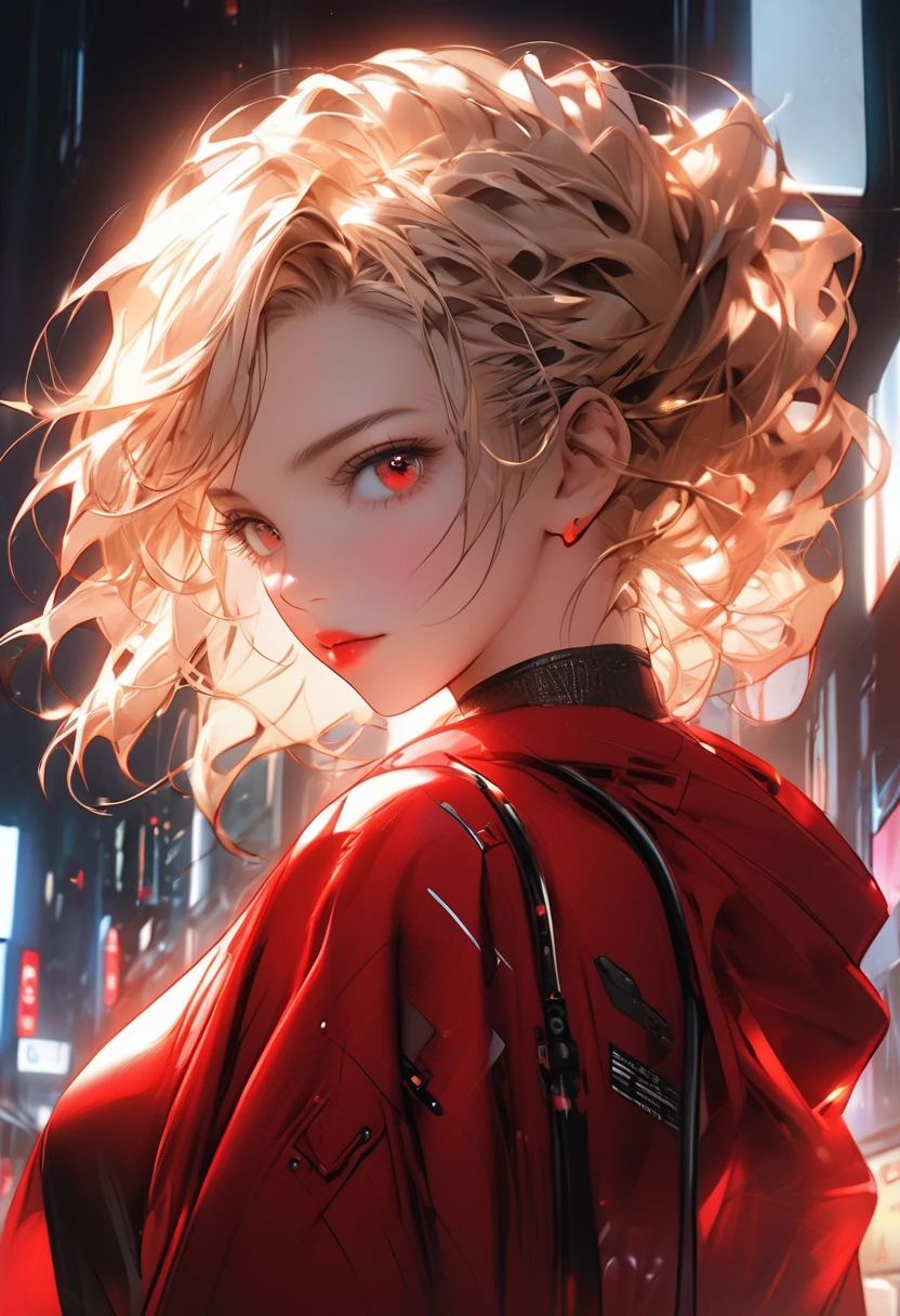 masterpiece , night , close up , beauty , blonde hair , red eyes , red robe , cyberpunk , soft light , cyberpunk girl