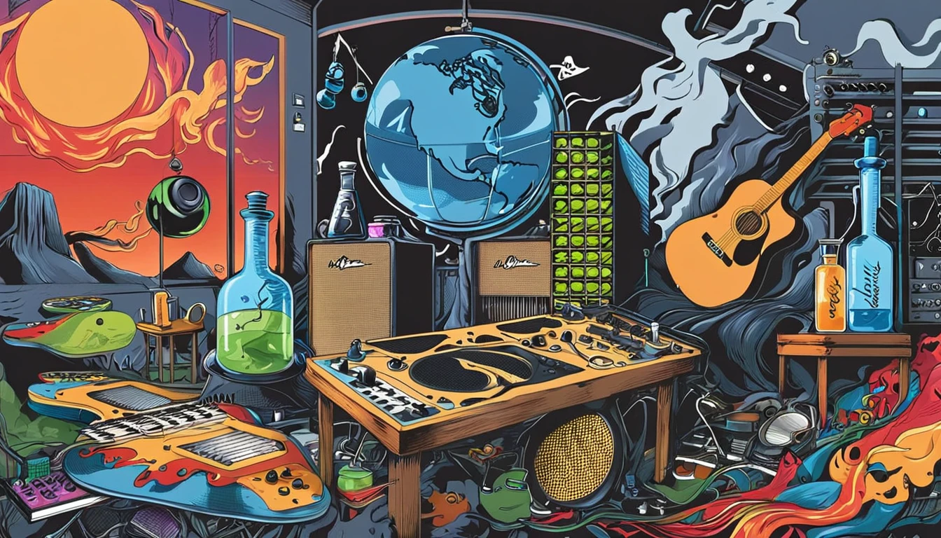 Masterpiece; cover of The Who's Who's Next album;; Guitars and drums in a small science lab(((several science bottles around the room))); (guitars and musical keyboards inside science bottles) World map on the wall. sciencie complete with speakers and glass flasks of chemistry, embody the resilience and tenacity of the scientific community, infused with a bold graphic allure that enlivens the spirit of science. The design penetrates layers of depth, integrating the raw essence and vibrant cores of Rio de Janeiro culture. Brushstrokes that incorporate the fluid energy of graffiti on guitars and acoustic guitars weave around dynamic geometric shapes, adorning the laboratories with an evocative masterpiece that speaks to the heart of the intersection between two diverse worlds. Majestically rendered in high definition and vibrant color, every detail bursts with life, inviting viewers to marvel at the beauty that; by Monet