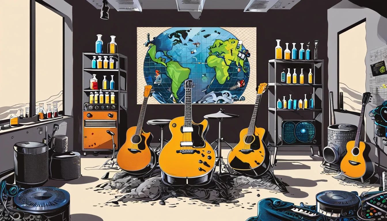 Masterpiece; cover of The Who's Who's Next album;; Guitars and drums in a small science lab(((several science bottles around the room))); (guitars and musical keyboards inside science bottles) World map on the wall. sciencie complete with speakers and glass flasks of chemistry, embody the resilience and tenacity of the scientific community, infused with a bold graphic allure that enlivens the spirit of science. The design penetrates layers of depth, integrating the raw essence and vibrant cores of Rio de Janeiro culture. Brushstrokes that incorporate the fluid energy of graffiti on guitars and acoustic guitars weave around dynamic geometric shapes, adorning the laboratories with an evocative masterpiece that speaks to the heart of the intersection between two diverse worlds. Majestically rendered in high definition and vibrant color, every detail bursts with life, inviting viewers to marvel at the beauty that; by Monet