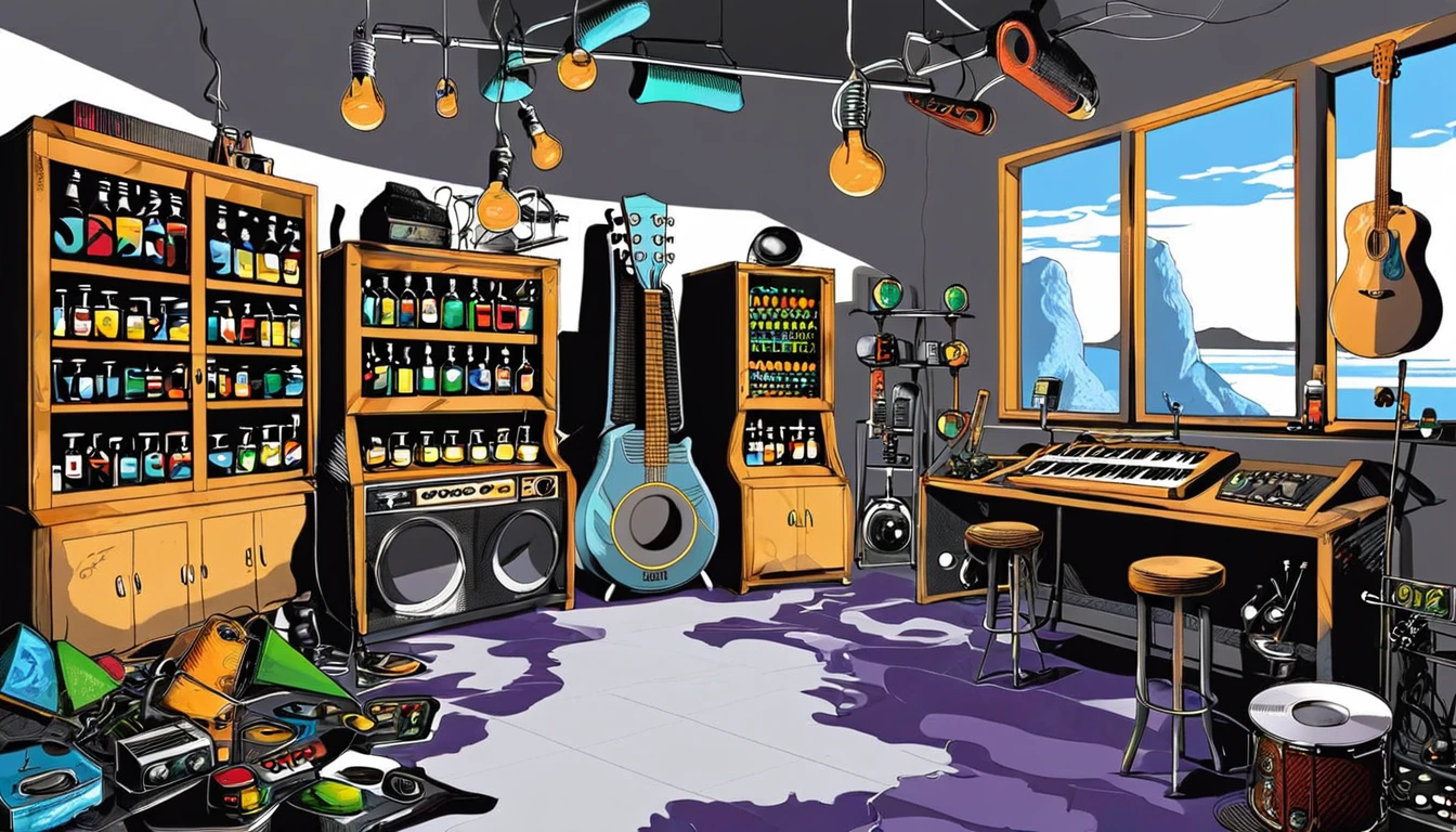 Masterpiece; cover of The Who's Who's Next album;; Guitars and drums in a small science lab(((several science bottles around the room))); (guitars and musical keyboards inside science bottles) World map on the wall. sciencie complete with speakers and glass flasks of chemistry, embody the resilience and tenacity of the scientific community, infused with a bold graphic allure that enlivens the spirit of science. The design penetrates layers of depth, integrating the raw essence and vibrant cores of Rio de Janeiro culture. Brushstrokes that incorporate the fluid energy of graffiti on guitars and acoustic guitars weave around dynamic geometric shapes, adorning the laboratories with an evocative masterpiece that speaks to the heart of the intersection between two diverse worlds. Majestically rendered in high definition and vibrant color, every detail bursts with life, inviting viewers to marvel at the beauty that; by Monet