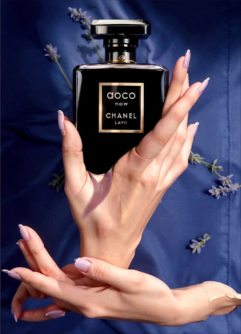 perfume in women&#39;s hands, on the hands there is a delicate lavender fabric, fabric is light on perfume, beautiful perfume, aesthetic advertising