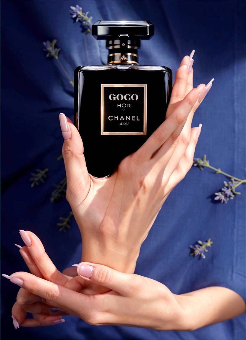 perfume in women&#39;s hands, on the hands there is a delicate lavender fabric, fabric is light on perfume, beautiful perfume, aesthetic advertising