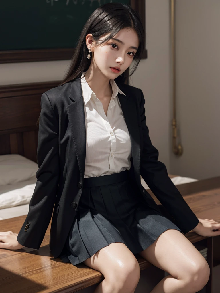 absurdres, RAW photo, extremely delicate and beautiful, masterpiece, Best Quality, ultra high resolution, 32k, hyperrealistic, ultra-detailed, in her 20s, delicate facial features, tearful mole, earring, medium breasts, full body shot, shorter middle hair, black hair, School_uniform, Skirt, Blazer,