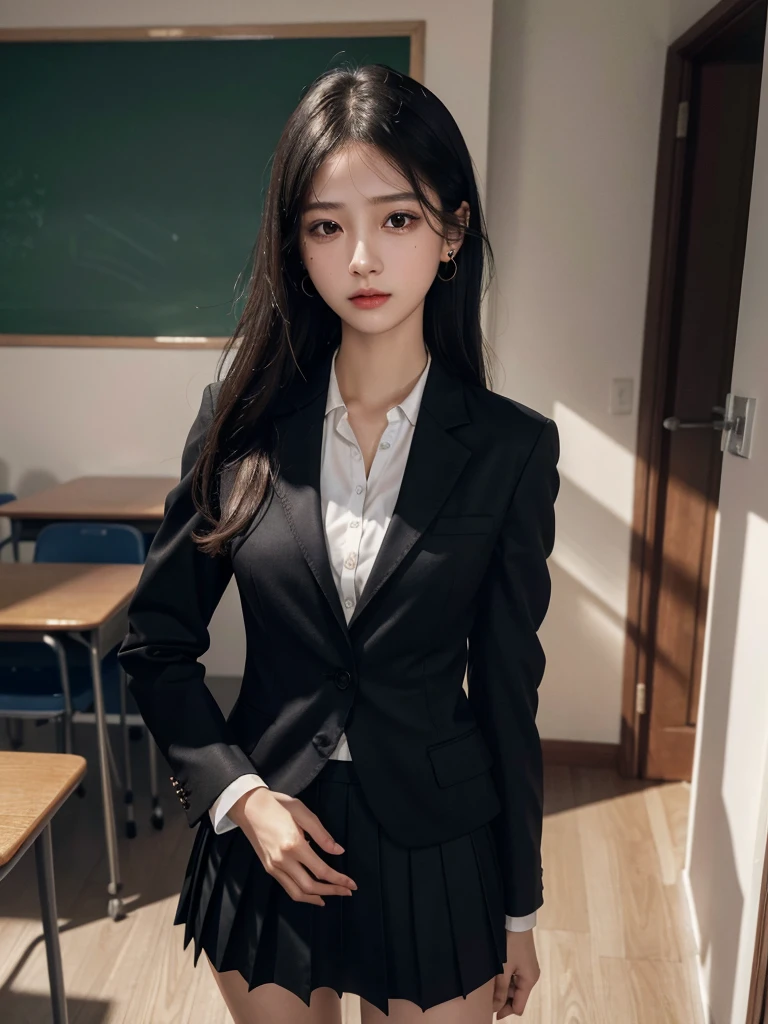 absurdres, RAW photo, extremely delicate and beautiful, masterpiece, Best Quality, ultra high resolution, 32k, hyperrealistic, ultra-detailed, in her 20s, delicate facial features, tearful mole, earring, medium breasts, full body shot, shorter middle hair, black hair, School_uniform, Skirt, Blazer, 