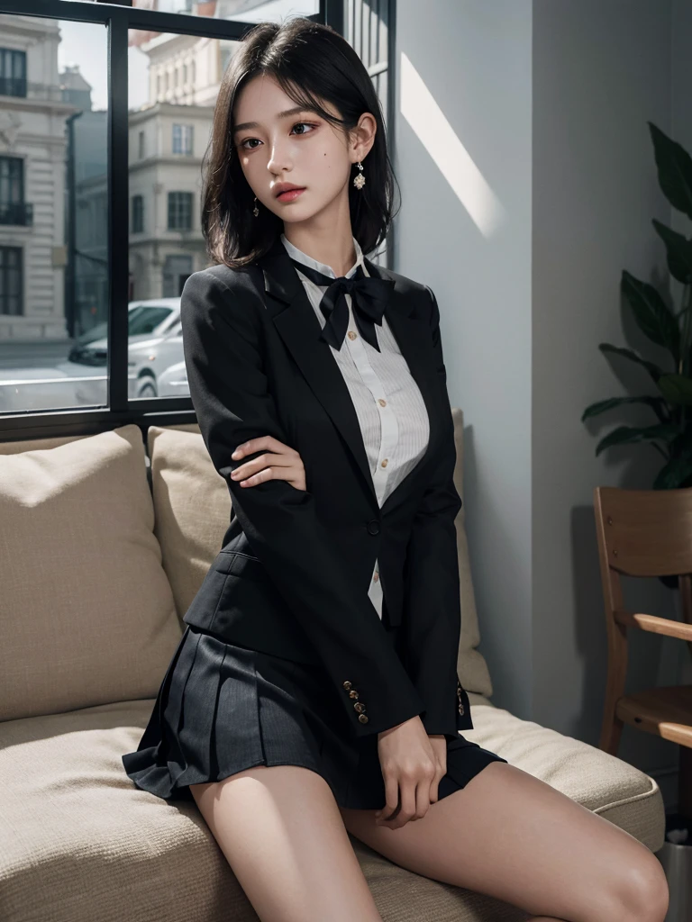 absurdres, RAW photo, extremely delicate and beautiful, masterpiece, Best Quality, ultra high resolution, 32k, hyperrealistic, ultra-detailed, in her 20s, delicate facial features, tearful mole, earring, medium breasts, full body shot, shorter middle hair, black hair, School_uniform, Skirt, Blazer, 