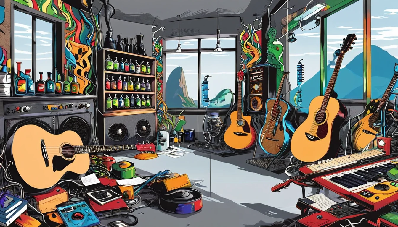 Masterpiece; cover of The Who's Who's Next album;; Guitars and drums in a small science lab(((several science bottles around the room))); (guitars and musical keyboards inside science bottles) World map on the wall. sciencie complete with speakers and glass flasks of chemistry, embody the resilience and tenacity of the scientific community, infused with a bold graphic allure that enlivens the spirit of science. The design penetrates layers of depth, integrating the raw essence and vibrant cores of Rio de Janeiro culture. Brushstrokes that incorporate the fluid energy of graffiti on guitars and acoustic guitars weave around dynamic geometric shapes, adorning the laboratories with an evocative masterpiece that speaks to the heart of the intersection between two diverse worlds. Majestically rendered in high definition and vibrant color, every detail bursts with life, inviting viewers to marvel at the beauty that; by Monet