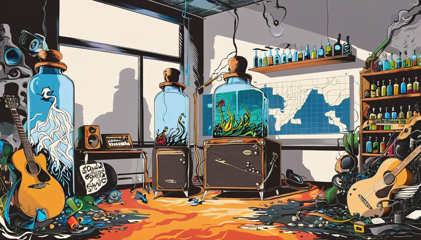 Masterpiece; cover of The Who's Who's Next album;; Guitars and drums in a small science lab(((several science bottles around the room))); (guitars and musical keyboards inside science bottles) World map on the wall. sciencie complete with speakers and glass flasks of chemistry, embody the resilience and tenacity of the scientific community, infused with a bold graphic allure that enlivens the spirit of science. The design penetrates layers of depth, integrating the raw essence and vibrant cores of Rio de Janeiro culture. Brushstrokes that incorporate the fluid energy of graffiti on guitars and acoustic guitars weave around dynamic geometric shapes, adorning the laboratories with an evocative masterpiece that speaks to the heart of the intersection between two diverse worlds. Majestically rendered in high definition and vibrant color, every detail bursts with life, inviting viewers to marvel at the beauty that; by Monet