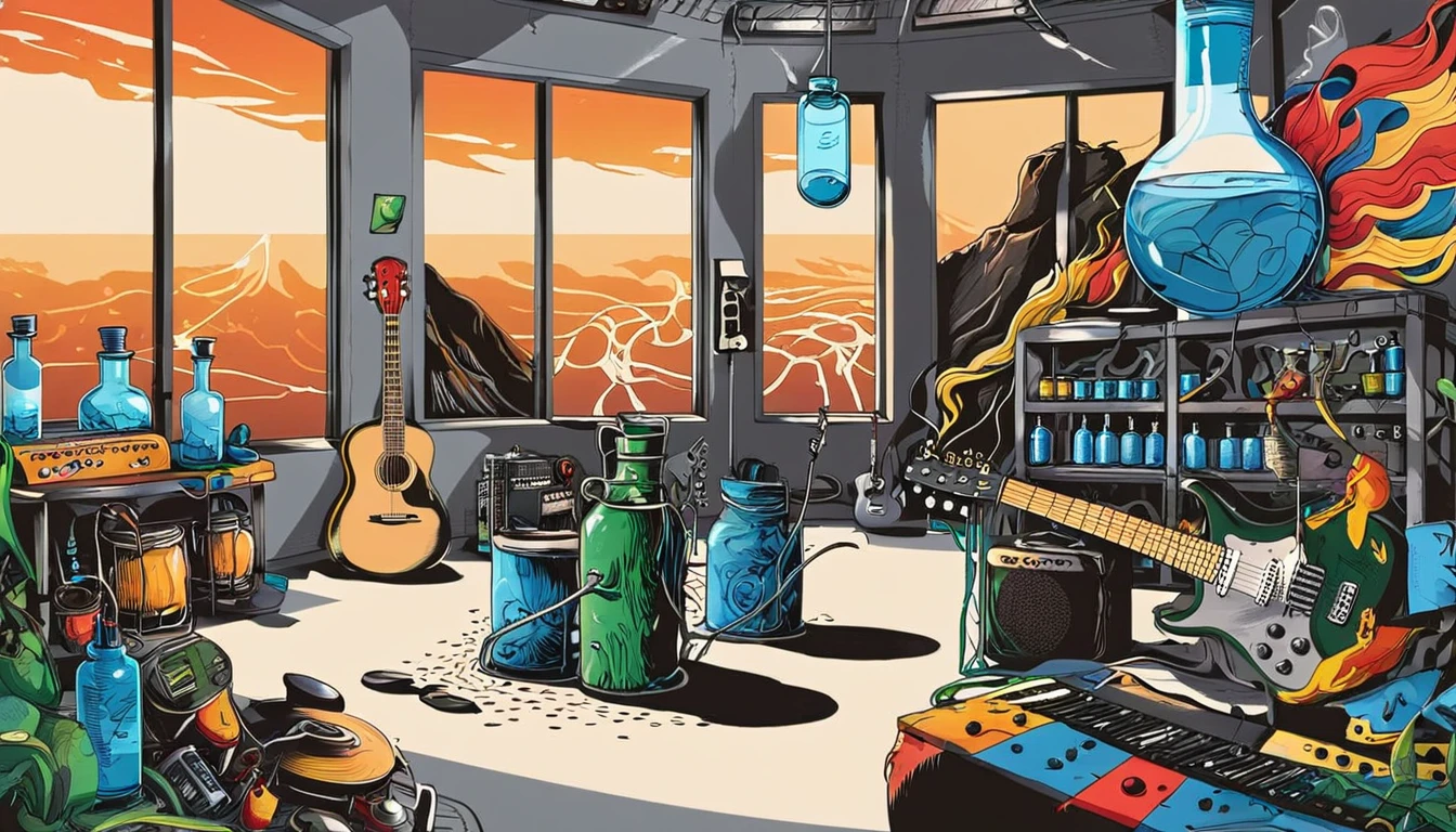 Masterpiece; cover of The Who's Who's Next album;; Guitars and drums in a small science lab(((several science bottles around the room))); (guitars and musical keyboards inside science bottles) World map on the wall. sciencie complete with speakers and glass flasks of chemistry, embody the resilience and tenacity of the scientific community, infused with a bold graphic allure that enlivens the spirit of science. The design penetrates layers of depth, integrating the raw essence and vibrant cores of Rio de Janeiro culture. Brushstrokes that incorporate the fluid energy of graffiti on guitars and acoustic guitars weave around dynamic geometric shapes, adorning the laboratories with an evocative masterpiece that speaks to the heart of the intersection between two diverse worlds. Majestically rendered in high definition and vibrant color, every detail bursts with life, inviting viewers to marvel at the beauty that; by Monet