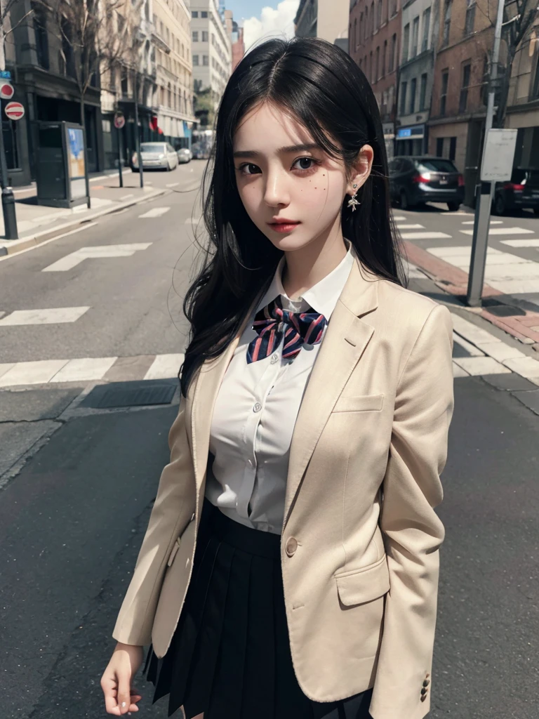 School_uniform, Skirt, Blazer, absurdres, RAW photo, extremely delicate and beautiful, masterpiece, Best Quality, ultra high resolution, 32k, hyperrealistic, ultra-detailed, in her 20s, delicate facial features, tearful mole, earring, medium breasts, full body shot, shorter middle hair, black hair,