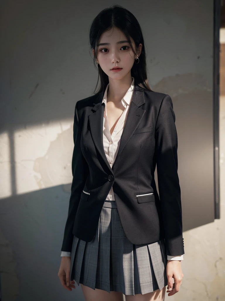School_uniform, Skirt, Blazer, absurdres, RAW photo, extremely delicate and beautiful, masterpiece, Best Quality, ultra high resolution, 32k, hyperrealistic, ultra-detailed, in her 20s, delicate facial features, tearful mole, earring, medium breasts, full body shot, shorter middle hair, black hair,