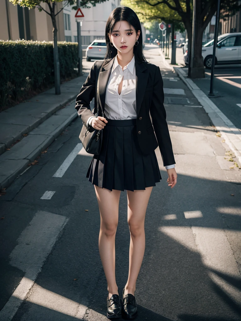 School_uniform, Skirt, Blazer, absurdres, RAW photo, extremely delicate and beautiful, masterpiece, Best Quality, ultra high resolution, 32k, hyperrealistic, ultra-detailed, in her 20s, delicate facial features, tearful mole, earring, medium breasts, full body shot, shorter middle hair, black hair,