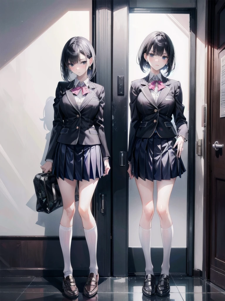 School_uniform, Skirt, Blazer, absurdres, RAW photo, extremely delicate and beautiful, masterpiece, Best Quality, ultra high resolution, 32k, hyperrealistic, ultra-detailed, in her 20s, delicate facial features, tearful mole, earring, medium breasts, full body shot, shorter middle hair, black hair,