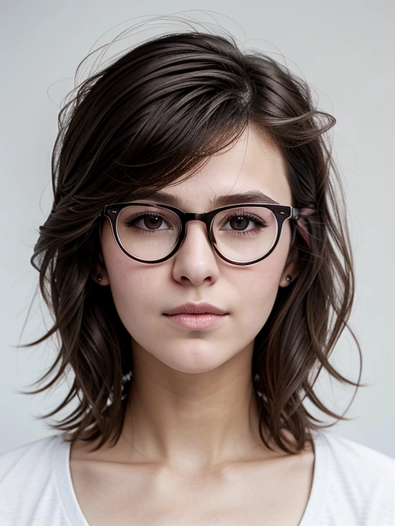 (masterpiece, Best quality:1.2), 1 tomboy girl 16 years old, One, Russian girl in glasses with aesthetic small breasts with beautiful erect pale pink nipples, round face, round cheeks, small round chin, beautiful proportional small wide nose, Plump lips, closed mouth, expressive brown eyes, Long eyelashes, glasses with lenses, a little crazy look, sparkle in the eyes, spiky tousled dark brown tousled slightly wavy medium length shoulder length hair, Plain Cotton Men's Racerback Tank Top, absolutely no bra, upper body photo portrait, high quality human skin textures, Beautiful face, Ideal Anatomy, realistic textures, realistic glasses, image distortion through glasses lenses, without cosmetics and perfumes, without decorations, medium shot