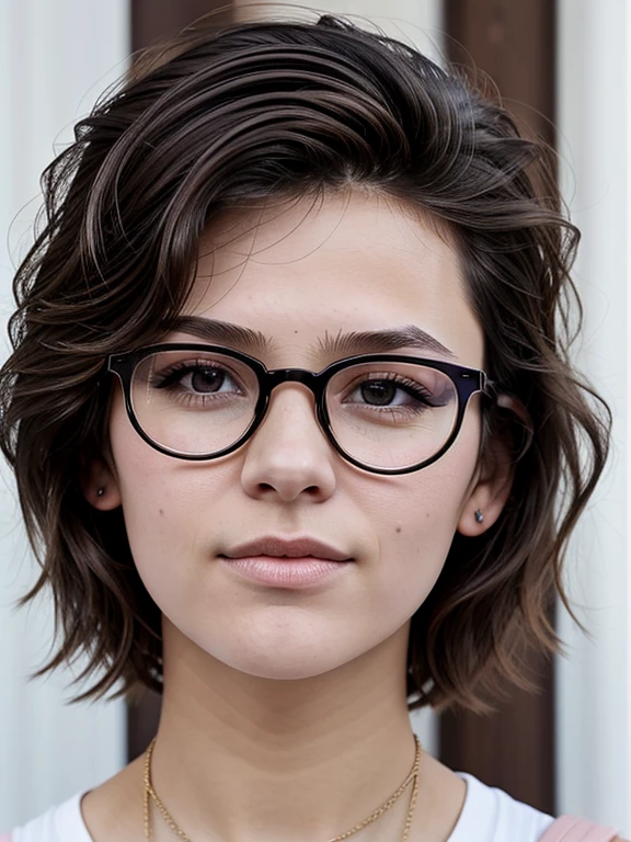 (masterpiece, Best quality:1.2), 1 tomboy girl , One, Russian girl in glasses with aesthetic small breasts with beautiful erect pale pink nipples, round face, round cheeks, small round chin, beautiful proportional small wide nose, Plump lips, closed mouth, expressive brown eyes, Long eyelashes, glasses with lenses, a little crazy look, sparkle in the eyes, spiky tousled dark brown tousled slightly wavy medium length shoulder length hair, Plain Cotton Men's Racerback Tank Top, absolutely no bra, upper body photo portrait, high quality human skin textures, Beautiful face, Ideal Anatomy, realistic textures, realistic glasses, image distortion through glasses lenses, without cosmetics and perfumes, without decorations, medium shot