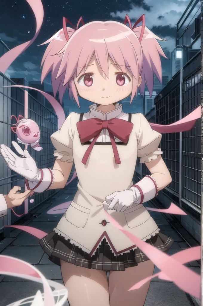 One Girl, alone, masterpiece, Highest quality,
        gloves, mahou shoujo madoka magica, Madoka Kaname, Madoka Kaname, Pink Eyes, Pink Hair, short hair, Twin tails, short Twin tails, Hair Ribbon, Red ribbon, Magical girl, choker, ribbon choker, soul gem, clavicle, Short sleeve, Puffy sleeves, puffy Short sleeve, Center frill, white gloves, Open back clothing, Scapula, Medium Chest, Bubble Skirt, Bow skirt,
          Cowboy Shot, ((Skirt flip)),((Panties in full view:1.5)),
          blush, Twisted Smile,
          Outdoor,night,alley