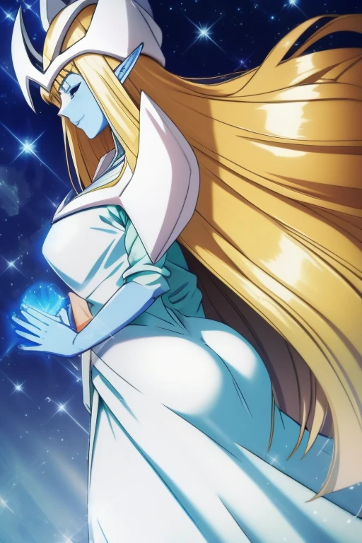 mysticalygo, mystical elf, smile, eyes closed, white dress, overly long skirt, blue skin, cloak, white cape, long robe, blonde hair, long hair, Yugioh, overly long sleeves, on side, behind angles, butt 