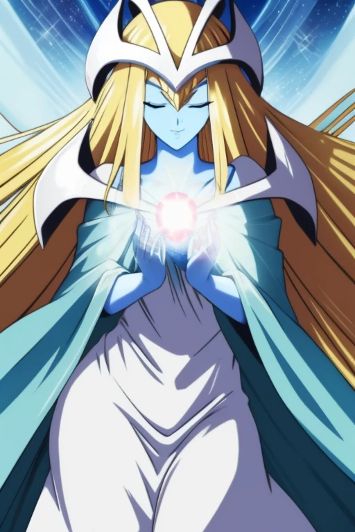 mysticalygo, mystical elf, smile, eyes closed, white dress, overly long skirt, blue skin, cloak, white cape, long robe, blonde hair, long hair, Yugioh, overly long sleeves, on side, behind angles, butt 