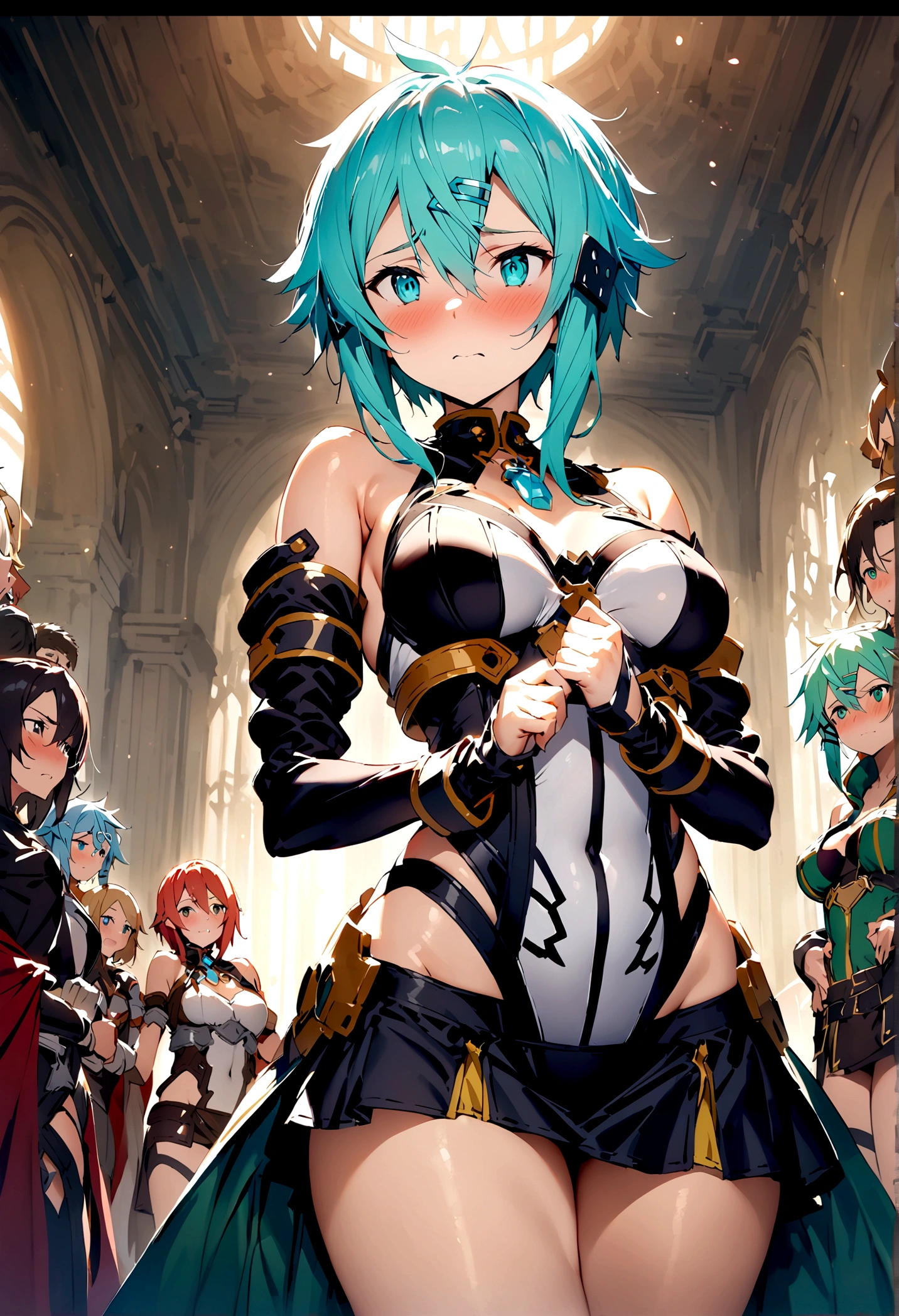 NSFW,masterpiece,Highest quality,High resolution,Super detailed,Sinon\(Sword Art Online\),Bare shoulders,Removable sleeves,Hand guard,leotard,Cape,mini skirt,gem, hair ornaments, Hair Clip,Embarrassed,expectant face,(Lust),(Estrus),blush,Fantasy,Adventurer's Guild,reception,indoor,(Tough-faced man),Put your hands on my waist and hold me close