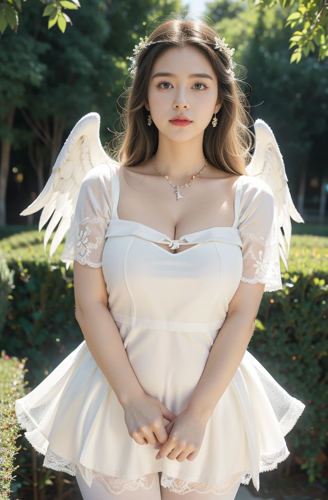 (((best quality))), (((ultra detailed))), (((masterpiece))), illustration,((1 beautiful little girl,solo,angel)),((fair skin,shoulder length straight blonde hair,blue eyes)),(earrings,crystal necklace),(((big face,round face,bloated face,double chin))),(((plump,fat,obese,overweight))),(((small breasts,flat chest,cleavage,underboob,gigantic belly,towering belly))),joyful expression,(white wings:1.3),(flowing short-sleeved white sheer dress:1.3),((In heaven, garden setting)), vibrant flowers,(colorful flowers:1.3),lush grass, gentle breeze, (clear sky, fluffy clouds, shining sun),((from front,standing,upper body,arms behind back)),((pantyhose))