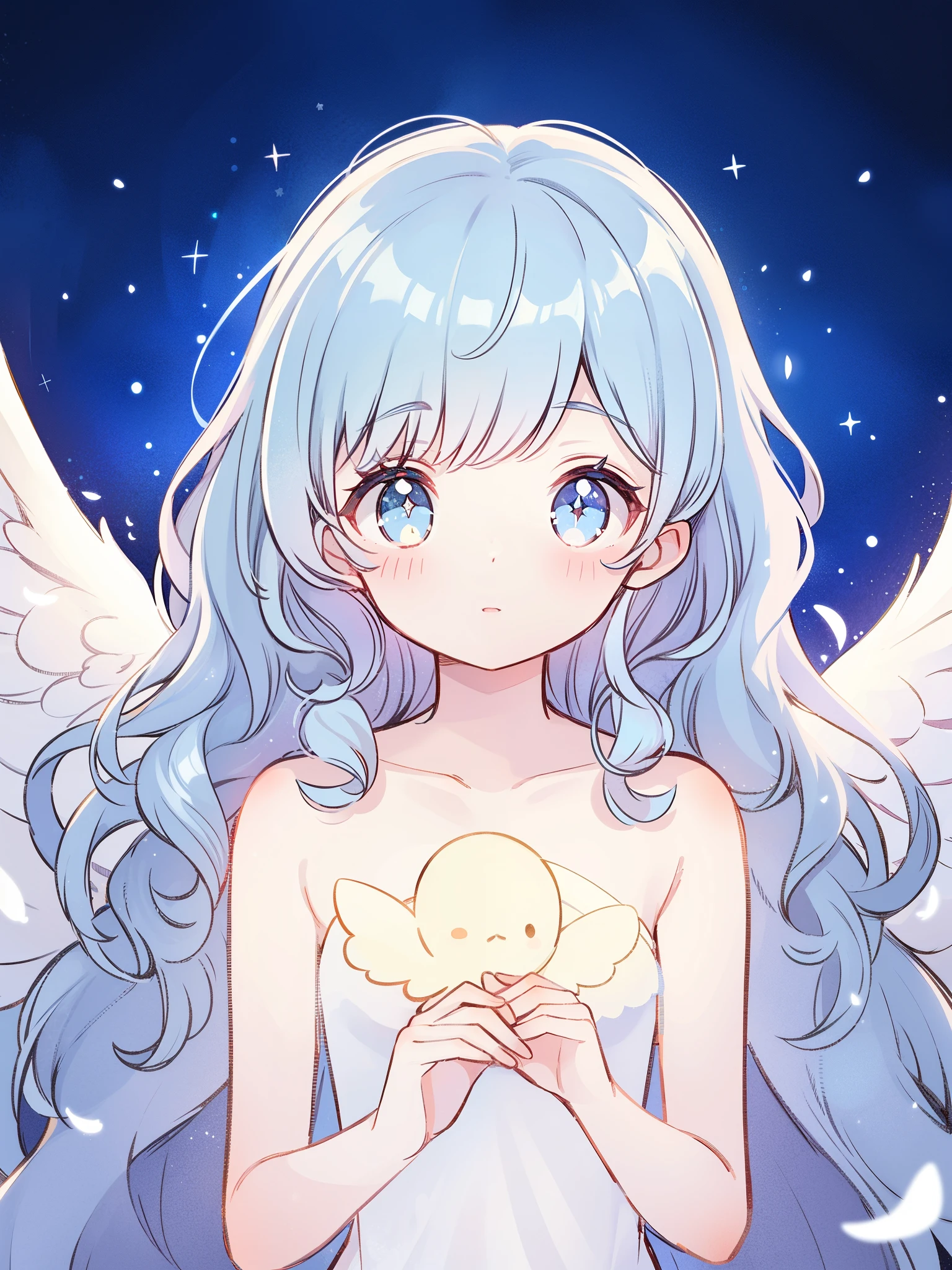 nude angel girl wearing an ethereal translucent dress, pale skin, ((blue mint wavy hair)), white feathers, angel wings, sparkling detailed eyes, golden ratio face, perfect composition, highly detailed, ethereal, (starry night sky background), midjourney style