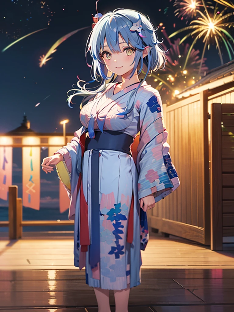 (masterpiece, Highest quality, Super detailed),One girl,((super fine illustration)),((cute eyes,highly detailed skin)),((smile)),((well endowed,Blessed,Captivating body、Detailed Background))、(yukata:1.5),firework,(夜空に大量のfirework,大量のfireworkが打ち上げられてる、Night view,Ocean)、Festivals, (full body)