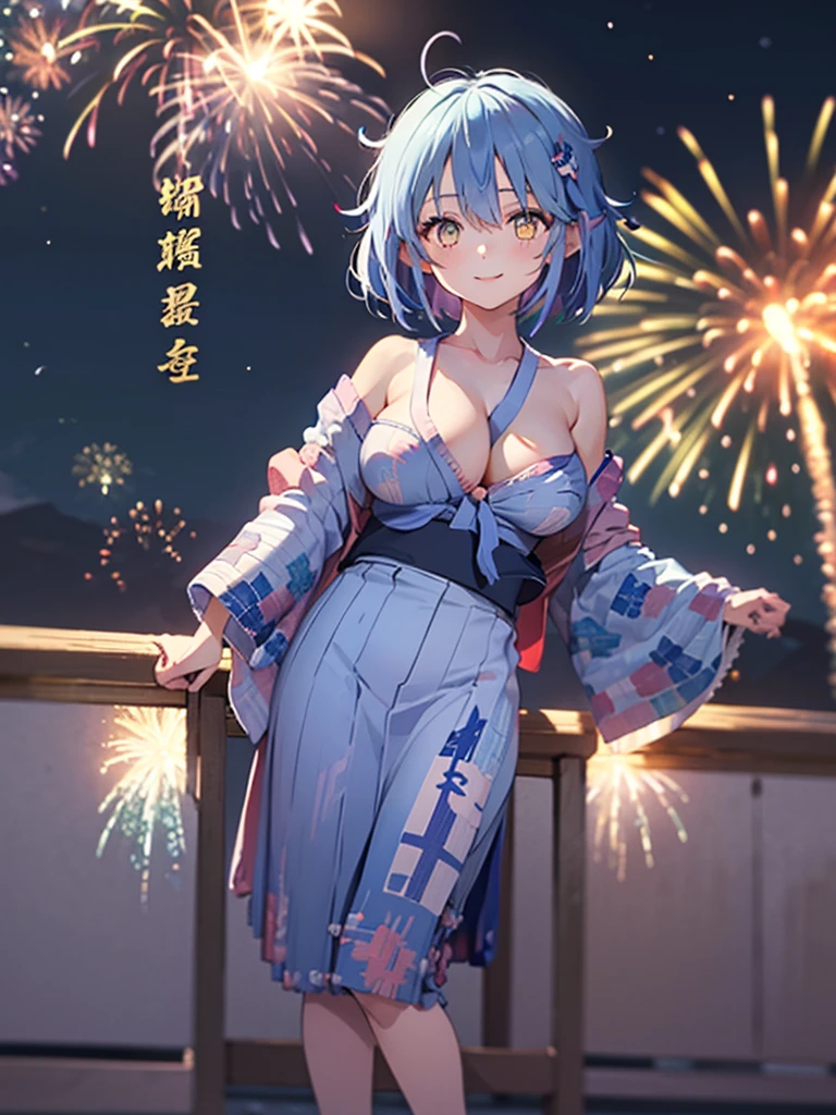 (masterpiece, Highest quality, Super detailed),One girl,((super fine illustration)),((cute eyes,highly detailed skin)),((smile)),((well endowed,Blessed,Captivating body、Detailed Background))、(yukata:1.5),firework,(夜空に大量のfirework,大量のfireworkが打ち上げられてる、Night view,Ocean)、Festivals, (full body)