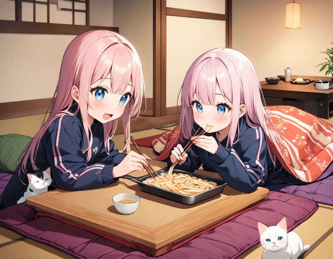 (8K, best quality, master piece: 1.2), super high resolution,1 cute girl,16yo,ultra-detailed face,detailed eyes,detailed eyes,mascara,happy,Lily Pink hair,Straight hair,Long hair,Tracksuits,Quilt-made outerwear,Sitting at a table,perfect hands, perfect fingers,holding chopsticks,eating a udon in pan,(kotatsu:1.1),indoors,table,(under kotatsu:1.2),kitten