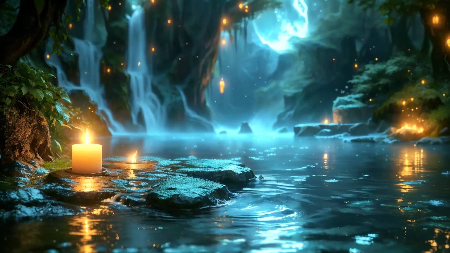Close-up of a waterfall with a lit candle in the water, mystical forest lagoon, Fantasy style 8k octane rendering, Unreal Engine Fantasy Art, Background artwork, Unreal Engine 4K Wallpaper, Water Everware Fantasy, Highly Detailed 4K HD Wallpapers, A close-up fantasy using the magic of water, Close-up cinematic underwater scenes, Magical Environment, Highly detailed digital art in 4K