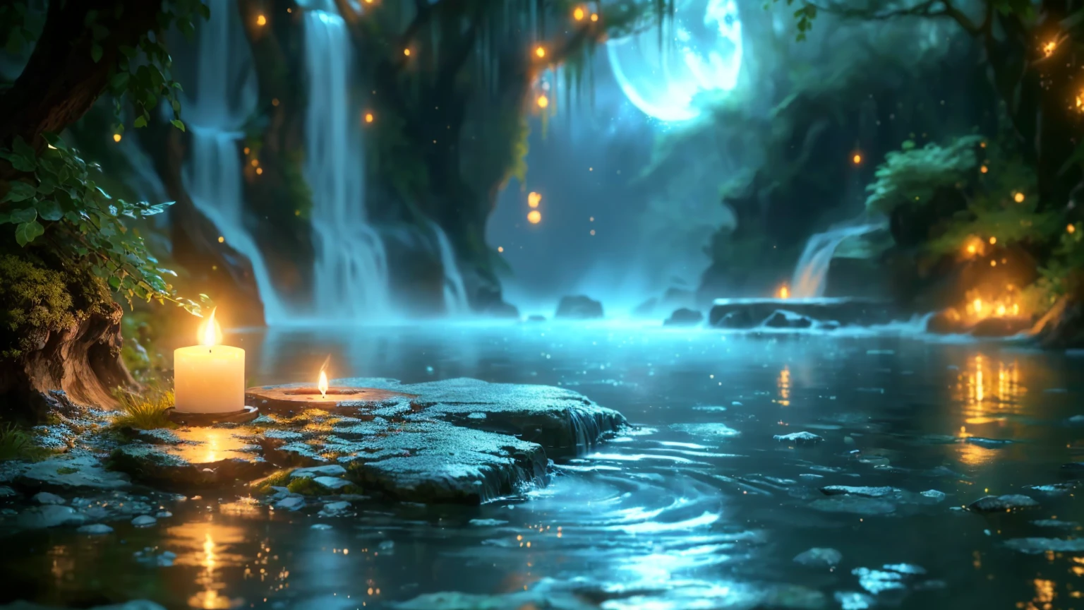 Close-up of a waterfall with a lit candle in the water, mystical forest lagoon, Fantasy style 8k octane rendering, Unreal Engine Fantasy Art, Background artwork, Unreal Engine 4K Wallpaper, Water Everware Fantasy, Highly Detailed 4K HD Wallpapers, A close-up fantasy using the magic of water, Close-up cinematic underwater scenes, Magical Environment, Highly detailed digital art in 4K