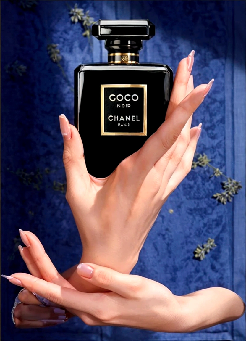 perfume in women's hands, on the hands there is a delicate lavender fabric, fabric is light on perfume, beautiful perfume, aesthetic advertising