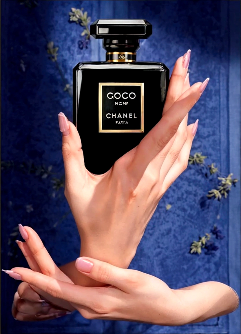 perfume in women's hands, on the hands there is a delicate lavender fabric, fabric is light on perfume, beautiful perfume, aesthetic advertising