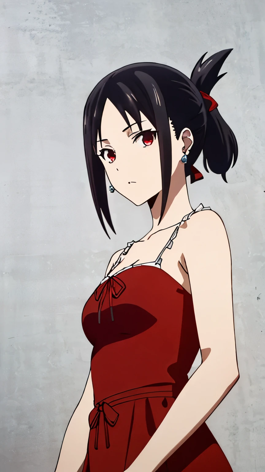 (best quality, masterpiece, 8k:1.2), detailed,
shinomiya kaguya,1girl, solo, black hair, red eyes, short hair, folded ponytail, red hair ribbon, (diamond dress, revealing, earrings),
looking at the viewer, medium breasts, dynamic Angle,