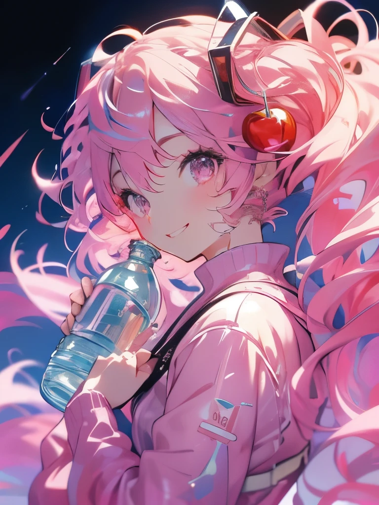 masterpiece、Hatsune Miku、Pink Hair、Long Hair、Cherry hair ornament、The wind is blowing、Sparkling eyes、smile、(((Holding a plastic bottle)))、Upper Body