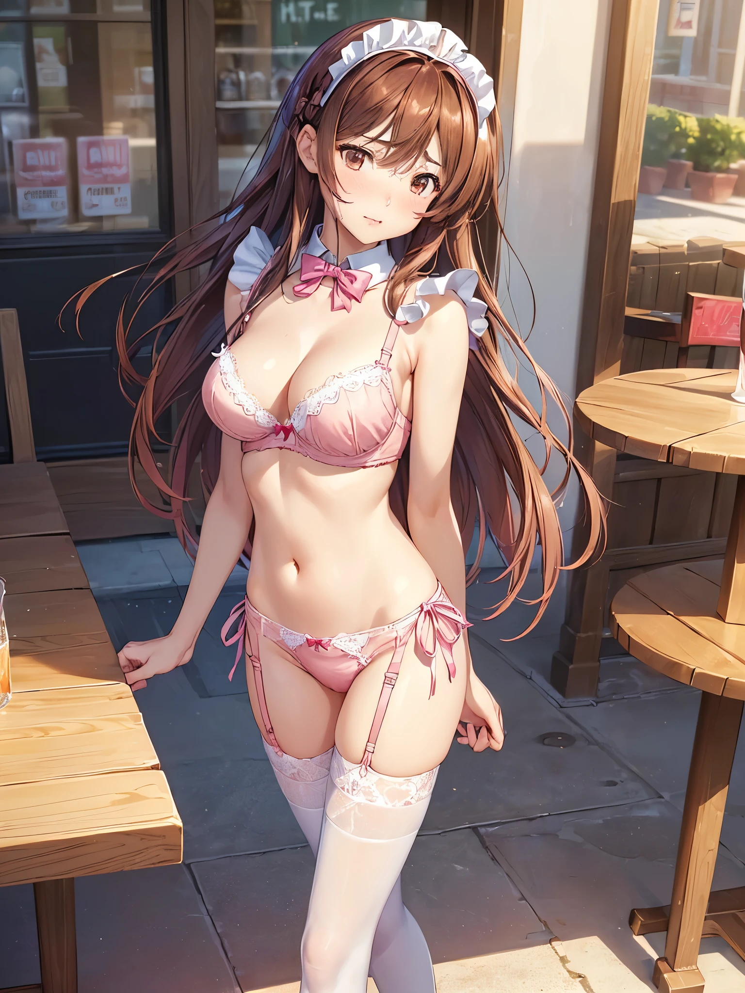(((masterpiece, Highest quality, High resolution, 超High resolution, Perfect Pixel, Depth of written boundary, 4K, RTTX 10.0))), Beautiful Anime Women, Beautiful art style, Anime characters, ((Smooth texture, Realistic texture, Anime CG Style)), Exact finger count、Exact number of legs、(Exact number of arms:1.0, Exact number of hands:1.0), (Perfect hands, Perfect Anatomy), Cinematic, Realistic, Extremely detailed CG, Daytime lighting, Perfect lighting, Best Shadow, The best natural light, whole body, Perfect body, バランのとれたPerfect body, Perfectly balanced style, (Slender body:1.2), ((Long Hair, bangs, Reddish brown hair, Stylish hairstyle)), ((A cute woman is walking sexy:1.6)), ((Bow tie around neck, High heels:1.3), (Sexy and cute pink underwear:1.3), (Stylish shiny pink satin panties, Side-tie panties, Panties with plain pink center and lace decoration on the sides:1.3), (Thin panties:1.3), (Pink micro lace satin bra, Thin bra:1.3), (garter belt, Knee socks:1.3):1.3), (beautiful and very large breasts, Cleavage:1.1), Feeling embarrassed, (blush:1.2), (Very embarrassed look:1.4), (Stylish cafe, amusement park, Carry drinks, A busy store, Chair, table, Outdoor:1.3), naked, In underwear, Waitress in underwear, (Frilly maid-like headband:1.2), whole body, Angle from the front, chizuru
