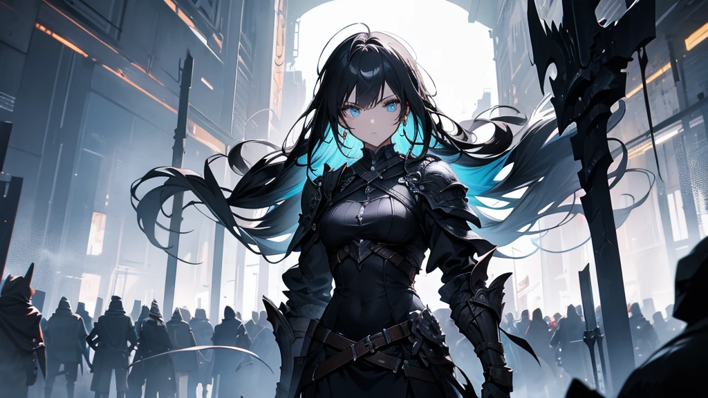 A female warrior facing monsters in a dark dungeon