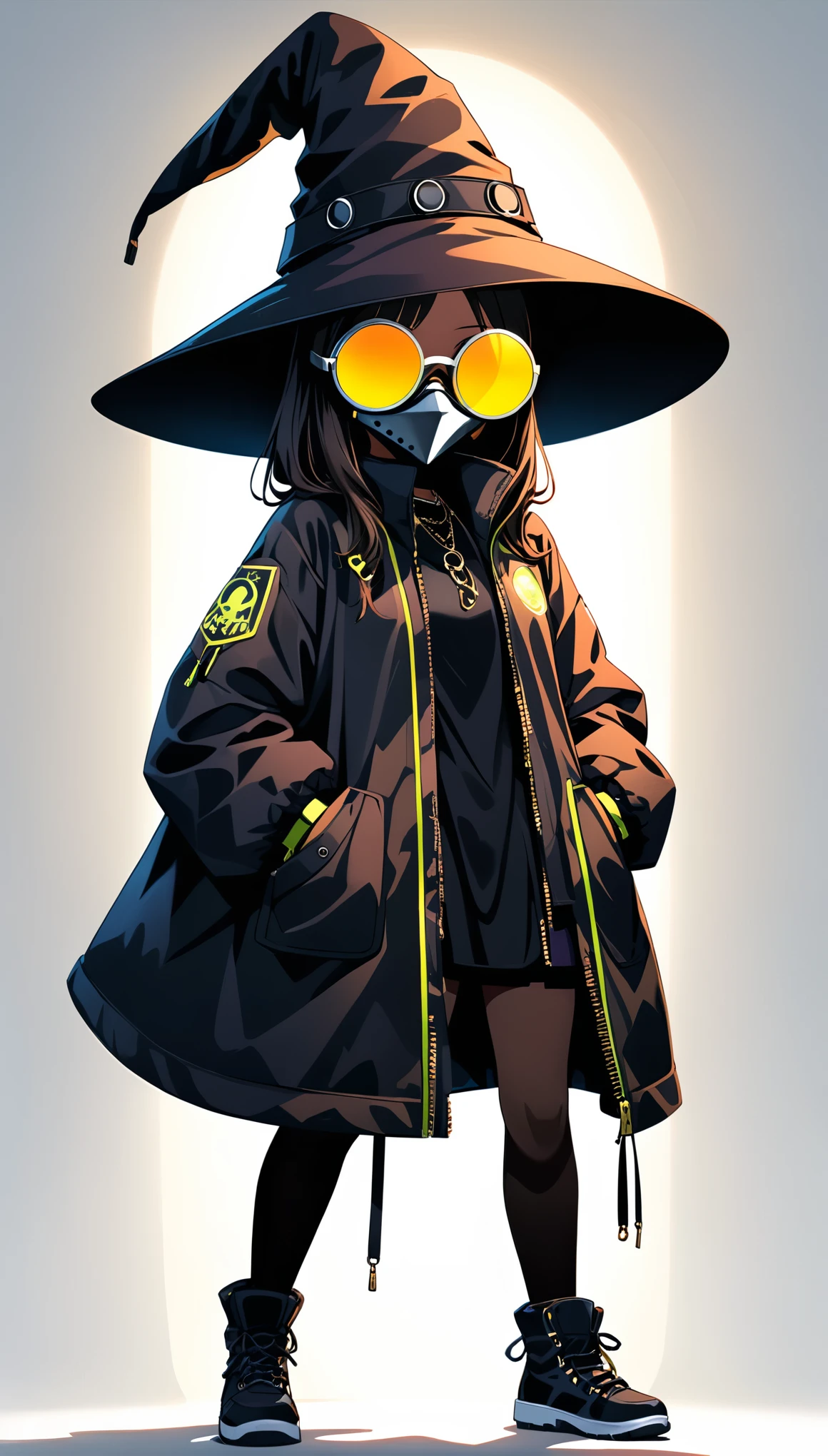 (in style of Benton Jew:0.9),in style of by Liu Ye, (1girl:1.4),(lori:1.8),(foamed hip-hop down_jacket:2),(internally stained giant wide-brimmed (wizard hat):1.6),silhouette,(metal plague doctor mask:1.4),glowing light,(((neon glowing round sunglasses))),unable to see the eyes,(large area blank:1.4),(minimalist composition:1.4),blank,white_background,japanese manga style,