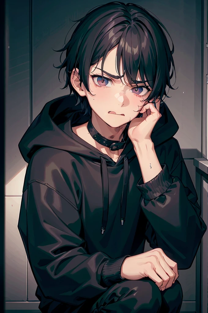 gloomy atmosphere, realisting, 4K resolution, HDR enhancement, a teenage boy, cute face, black hair, black eye, grumpy face, nervous look, defiant but sad eyes, narrowing eyes sticking out his tongue, wears a black hoodie, in a room, crouching on a fluorescent gaming chair with cheekbones, Mischievous, sad, dark mood, "narrowed eyes", "sticking out his tongue",