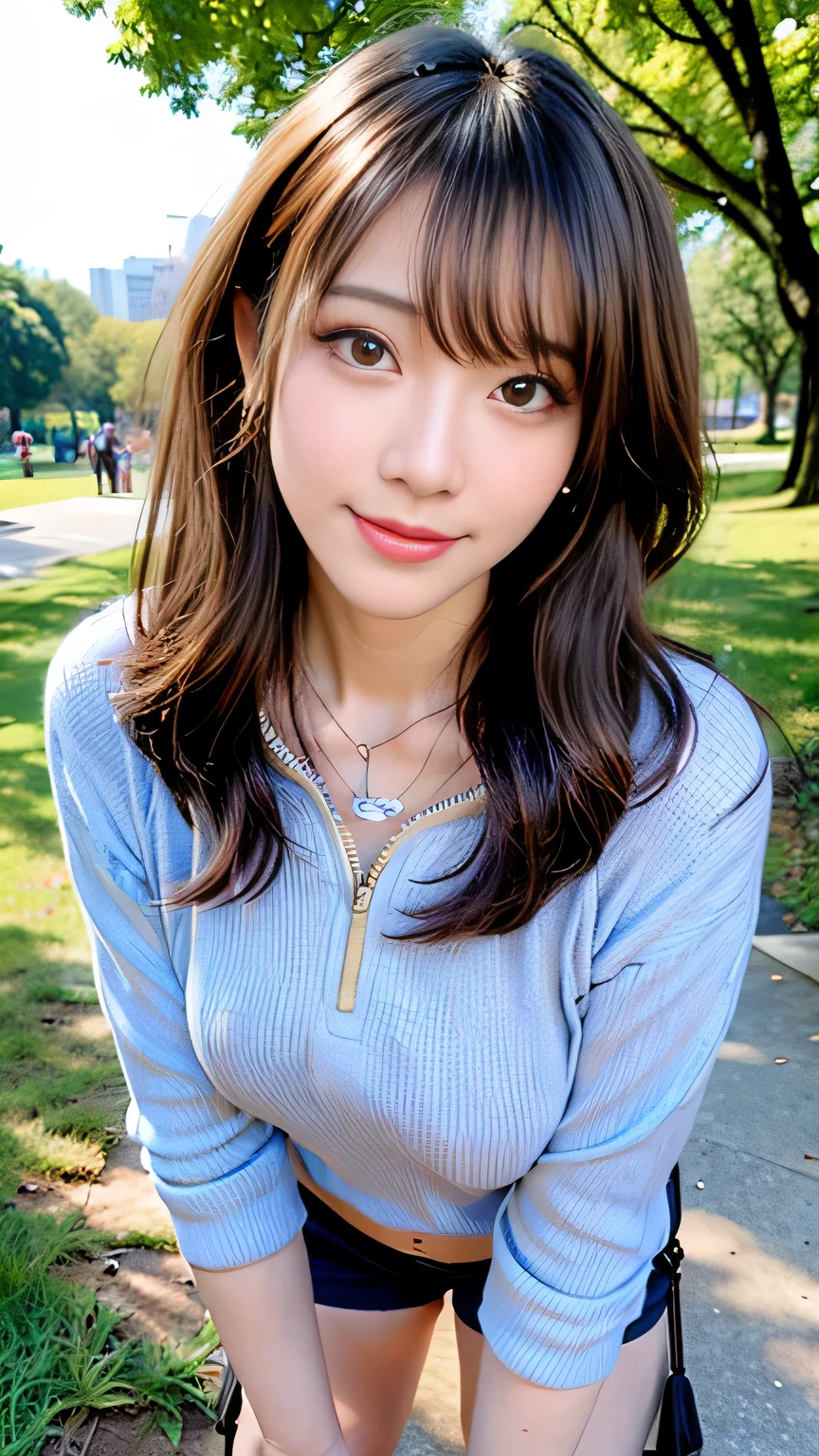 seed:4195271995,((Full Body Angle:1.1)),((Highest quality, 8K, masterpiece: 1.3)), concentrated: 1.2,Front hair:1.3, Cute girl 1,Nipples erect、 Perfect beauty: 1.4,Colorful ribbed knit half-zip T-shirt、Shorts,: 1.2,Randall Color、comics&Text Graphics、Black,1.1, Highly detailed face and skin textures, Fine grain, double eyelid, whitening skin, ,Highest quality,Ultra-high resolution,you,1 girl,alone,_Shiny_skin,Iris,necklace,((brown_length_Wavy_hair)),(lips)),eyelash,Front hair,deal with,compensate,Shiny,pore,skin big breasts、(smiling face)、Front hair、Walking in the park、walk