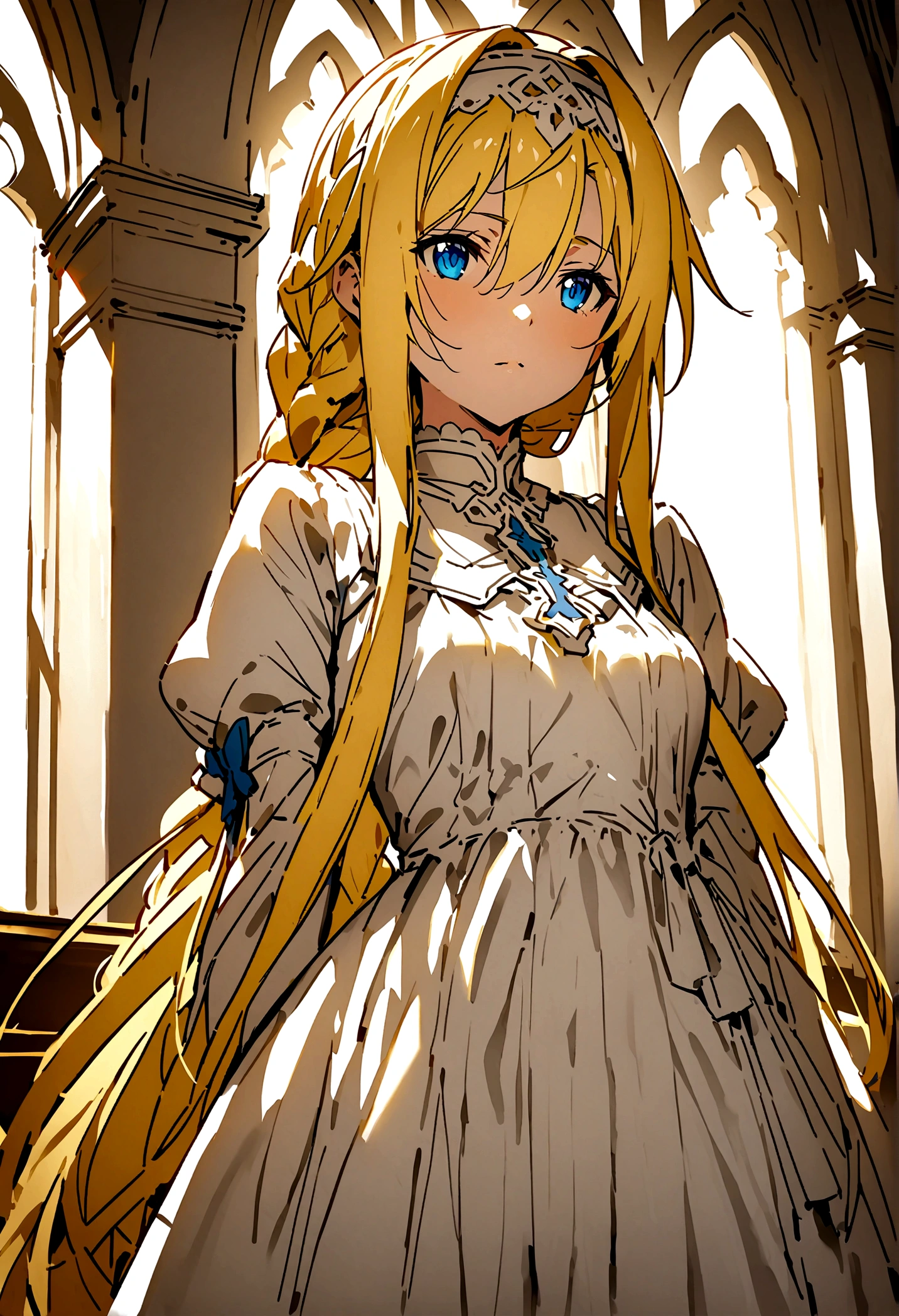 NSFW,masterpiece,Highest quality,High resolution,Super detailed,(Sword Art Online\), Alice Zuberg、bangs、blue eyes、Blonde Hair、Hair between the eyes、Very long hair、Braid、hair band、白いhair band,dress,church,White Room