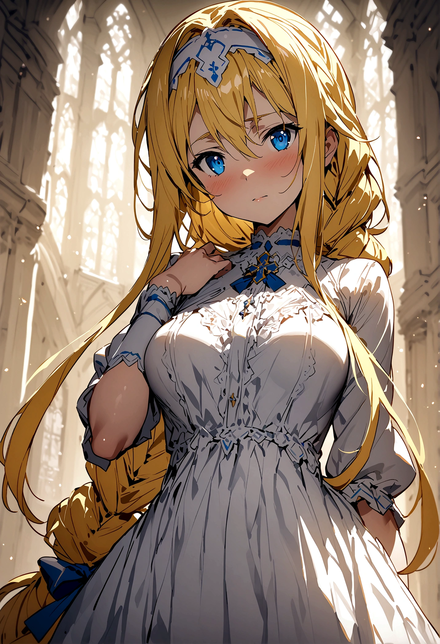 NSFW,masterpiece,Highest quality,High resolution,Super detailed,(Sword Art Online\), Alice Zuberg、bangs、blue eyes、Blonde Hair、Hair between the eyes、Very long hair、Braid、hair band、白いhair band,dress,church,White Room